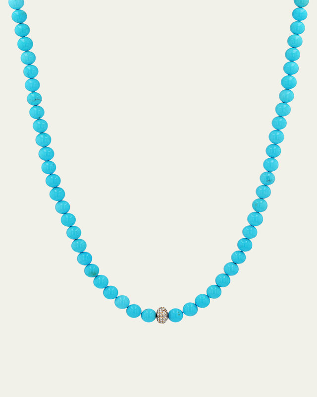 Armenian Turquoise 6mm Necklace with 8mm 14K Yellow Gold Pave Diamond Donut, 18"L